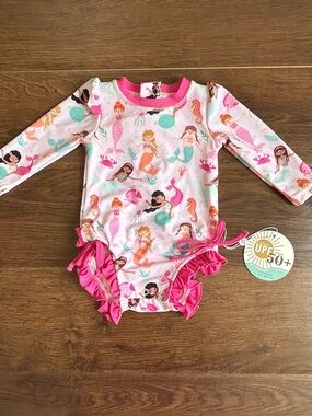 Caden Lane Long Sleeve Rash Guard with Ruffle Bottom Under the Sea Mermaid 0-3m